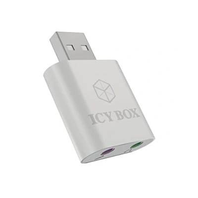 Abbildung von Icy Box IB AC527 Externe USB Soundkarte / zu Kopfhörer &amp; Mikrofon (2x 3,5 mm) Adapter, Aluminiumgehäuse (silber)
