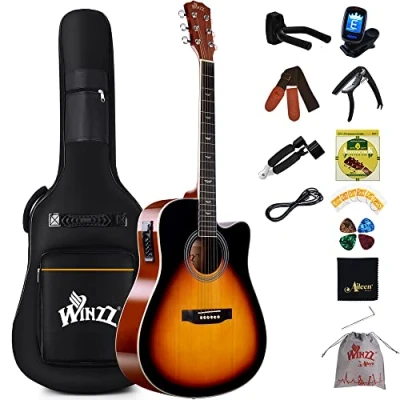 Abbildung von Winzz 4/4 Elektro Akustische Gitarre, Westerngitarre Set Erwachsene Anfänger, Akustikgitarre 41 Zoll mit 4 Band Equalizer (Dreadnought,Glänzend)