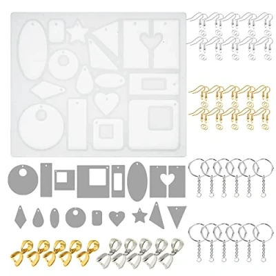 Abbildung von Woohome 17 Hohlraum Schmuck Silikonform Gießform Resin Form Halskette Ohrring Gießharz mit Anhängerschnallen, Schlüsselanhänger und Ohrhaken für die Schmuckherstellung