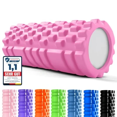 Abbildung von unycos Faszienrolle (33x14 cm), Fitness Rolle mit 3D Texturmassage und 50 Übungen E Book, Hartschaumrolle zur Selbstmassage, Belastbar 130 kg, Massagerolle für Funktionales Training (Dunkelrosa)