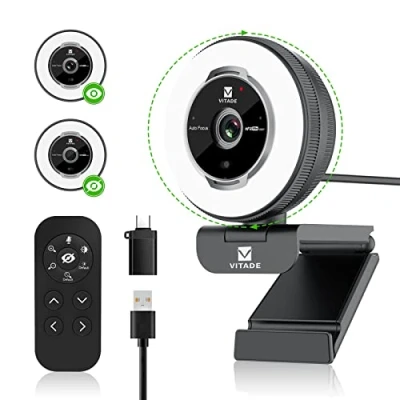 Abbildung von VITADE Streaming Webcam mit Ringlicht, Zoomable Webkamera Fernbedienungen, 1080P 60FPS, schneller Autofokus, Rauschunterdrückung Mikrofone, für PC Mac Laptop Desktop Zoom Skype Teams