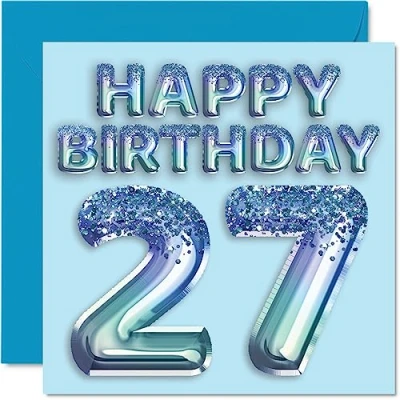 Abbildung von Geburtstagskarte zum 27. Geburtstag für Männer Blauer Glitzer Partyballon Happy Birthday Karten 27 Jahre alten Mann, Bruder, Sohn, Neffe, Onkel, 145 mm x