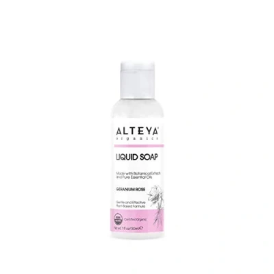 Abbildung von Alteya Bio Flüssigseife Geranie Rose 30ml Reisegröße USDA Organic zertifizierte Reine Natürliche Seife und Waschlotion