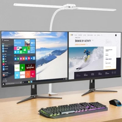 Abbildung von KableRika Doppelkopf Schreibtischlampe LED Dimmbar, helle Klemmbar für Homeoffice, Augenschutz schwanenhals lampe mit 4 Farbmodi &amp; Helligkeit, moderne Büro Tischlampe Monitor