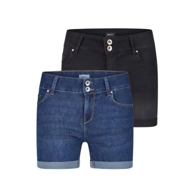Abbildung von ONLY Jeans Shorts Damen Stretch Kurz Skinny Fit Mid Waist ONLCARMEN 2er Pack Kurze Hose Sommer Basic Denim, Größe:XXL, Farbe:Washed Black/Dark Blue (15357005)