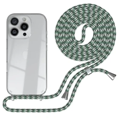 Abbildung von EAZY CASE Handykette kompatibel mit iPhone 16 Pro Handyhülle Umhängeband, Handykordel Schutzhülle, Hülle Band, Stylische Kette für Smartphone, Hell Grün Camouflage Clips Silber