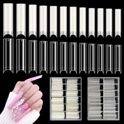 Abbildung von Adonafy Nail Tips für Gelnägel: Extra Lange 480 Stück Acryl Künstlich Fake Nails Französisch Transparent Kunstnägel zum Aufkleben 12 Größen Halbe Abdeckung Nagel Set Nagelstudios DIY