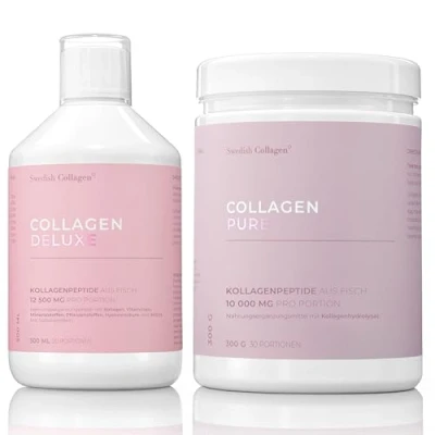 Abbildung von Swedish Collagen Deluxe 500 ml + Pulver I 12500 mg Meereskollagen (Typ und III) flüssiges pulverförmiges