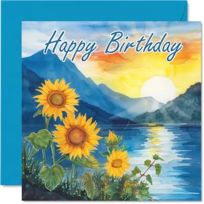 Abbildung von Stuff4 Geburtstagskarten für Frauen und Männer Aquarell Sonnenblume Berg Happy Birthday Karte Mama, Vater, Bruder, Schwester, Onkel, Tante, Cousin, Großvater, Nanny, Freund, 145 mm x