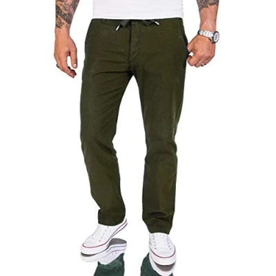 Abbildung von Rock Creek Herren Leinen Optik Hose Stoffhose Sommerhose Regular Fit Chino Hosen Männer Gummizug Herrenhosen Lang Strandhose RC 2152 Dunkelgrün W38 L34