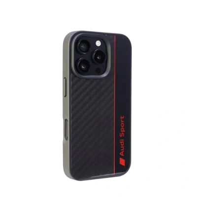 Abbildung von Audi Sport Handyhülle Kompatibel mit iPhone 16 Pro Stoßabsorbierende Hülle Carbon präzisen Aussparungen für Kamera, Anschlüssen &amp; Tasten Schwarz roten Details