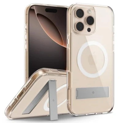 Abbildung von Caseology Capella Mag Kickstand für iPhone 16 Pro Max Hülle [Integrierter Ständer] Magnetischer Fallschutz in Militärqualität, Seitliche Griffmuster, Schutzhülle Clear White Silver