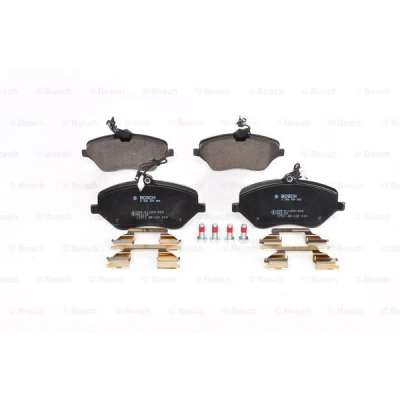 Abbildung von BOSCH 0 986 494 585 Bremsbelagsatz Low Metallic mit integriertem Verschleißsensor Anti Quietsch Blech, Schrauben Feder, Zubehör