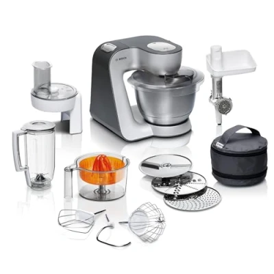 Abbildung von Bosch Küchenmaschine Serie 4 MUM56340, Schüssel 3,9 L, Mixer 1,25 Fleischwolf, Zitruspresse, Planetenrührwerk, Knethaken, Schlag , Rührbesen, Durchlaufschnitzler, 3 Scheiben, 900 W, Silber/Grau