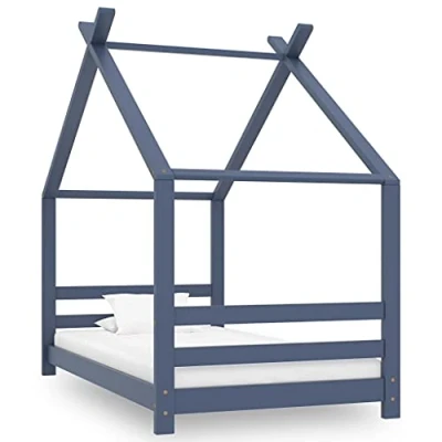Abbildung von vidaXL Kiefernholz Massiv Kinder Bettgestell Kinderbett Hausbett Bett Holzbett Kinderhaus Spielbett Lattenrost Kinderzimmer Grau 80x160cm