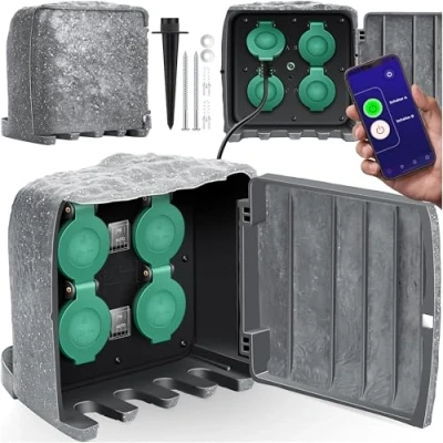 Abbildung von KESSER® Gartensteckdose Steinoptik mit 4 Steckplätzen WiFi Funktion Steuerung per App Inkl.Erdspieß, Mehrfachsteckdosen aussen 3m Verlängerungskabel Außensteckdose IP44 Dämmerungssensor