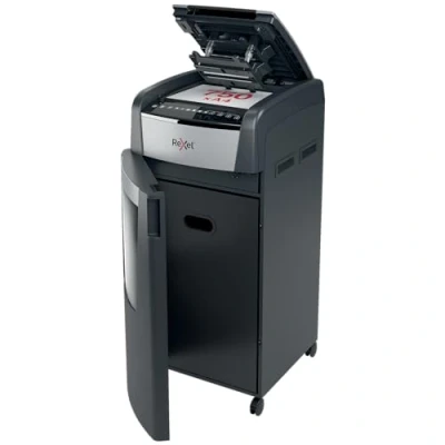 Abbildung von Rexel Optimum AutoFeed+ 750X Automatischer Aktenvernichter, 750 Blatt automatisch, Sicherheitsstufe P4, Partikelschnitt, für große Büros, 140 Liter Abfallbehälter, mit Lenkrollen, 2020750XEU