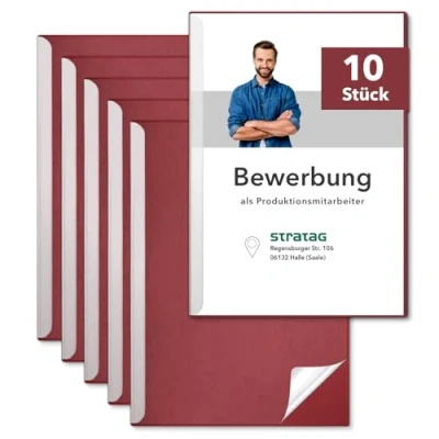 Abbildung von STRATAG Klemmschienen Bewerbungsset Start Basic (Bordeaux, 10 Stück) mit transparentem Deckel aus PP Kunststoff sowie Binderücken robustem 290 g/m² Karton Lederstruktur (10 Bewerbungsmappen Rot)