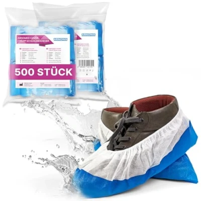 Abbildung von 500x ARNOMED Schuhüberzieher Einweg Blau/Weiß, Überziehschuhe mit wasserdichter Sohle, Mehrweg CPE+PP Überzieher extra stark, Schuhschutz Überzug rutschfest 17x40cm, reißfeste Überschuhe für Baustelle