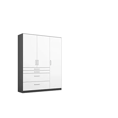 Abbildung von Rauch Möbel Harburg Schrank Kleiderschrank Drehtürenschrank Weiß/Graumetallic 3 türig mit 4 Schubladen inklusive Zubehörpaket Basic Einlegeböden, 1 Kleiderstange BxHxT 136x197x54 cm