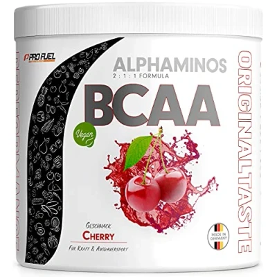 Abbildung von BCAA Pulver 300g KIRSCHE Alphaminos 2:1:1 Drink mit 8000 mg unfassbar leckerer Geschmack, Essentielle Aminosäuren (EAA) Leucin, Isoleucin &amp; Valin vegan laborgeprüft Zertifikat