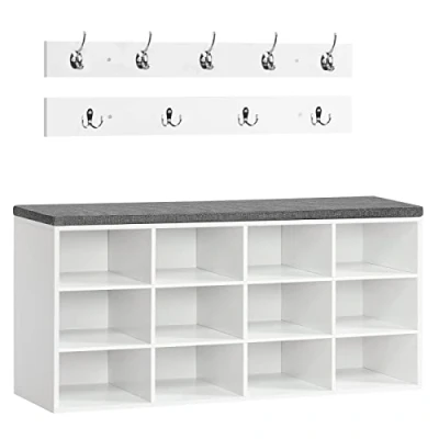 Abbildung von HOOBRO Garderobe Schuhregal Set, Schuhbank mit 12 Fächern, gepolsterter Sitzbank, Wandgarderobe 9 Haken, Schuhschrank für Flur, Eingangsbereich, Schlafzimmer weiß EWT112HX01