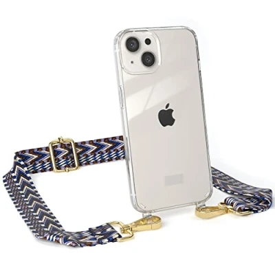 Abbildung von EAZY CASE Handykette Flexibler Trageriemen kompatibel mit iPhone 13, Schultergurt zum Umhängen, Taschenriemen, Band austauschen, Wechselgurt, Blau/Weiß Metall Gold