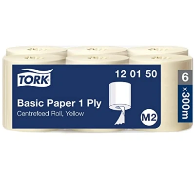 Abbildung von Tork Standard Papierwischtücher mit Innenabrollung Gelb M2, saugfähige Papiertücher, 6 x 300 m, 120150