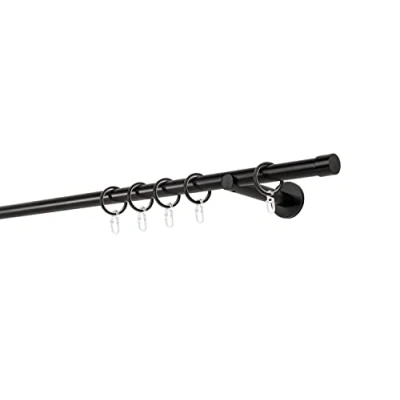 Abbildung von ondeco Gardinenstange auf Maß 20mm Cap 1 lauf Vorhangstange Wandträger 12cm Stilgarnitur mit Ringen für Vorhänge Schwarz 340cm