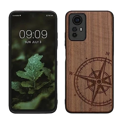 Abbildung von kwmobile Hülle kompatibel mit Xiaomi Redmi Note 12S Holz Case Handy Cover TPU Handyhülle in Dunkelbraun Kompass Vintage