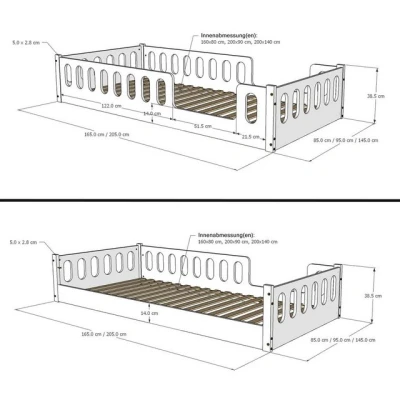 Abbildung von CADANI Kinderbett Monte 80x160 cm 140x200 weiß (140x200, abnehmbarer Rausfallschutz), Bodenbett