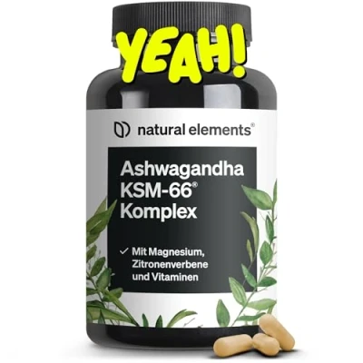 Abbildung von Ashwagandha Komplex 600mg pro Tagesdosis 120 Kapseln mit KSM 66, Zitronenverbene, Magnesium, Folsäure und Vitamin C, B6 B12 hochdosiert &amp; vegan in Deutschland produziert laborgeprüft St
