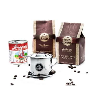 Abbildung von Vietnamesisches Kaffee Starterset VietBeans Gemahlen 2 x 250g + Filter (Phin) gez. Kondensmilch Vietnam Hochwertiger vietnamesischer