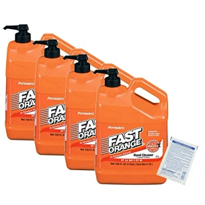 Abbildung von 4er Set Permatex Fast Orange: Kanister 3,78 Liter mit Pumpe die perfekte Handreinigung inkl. 4 St. DEWEPRO SingleScrubs