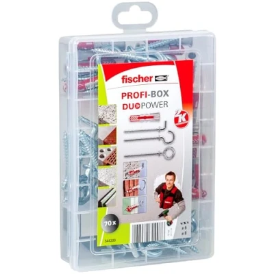 Abbildung von fischer Profi Box DuoPower mit Haken, Dübelbox 70 Teilen (20 Stk. 6 x 30, 20 8 40, 30 Winkel , Rund und Ösenhaken), Universaldübel, praktische Dübelkiste für Heimwerker &amp; Profis