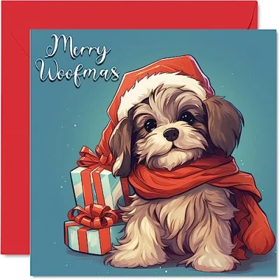 Abbildung von Stuff4 Woofmas Weihnachtskarte mit Hund für Damen und Herren Merry Xmas Schwester, Bruder, Cousin, Onkel, Tante, Mutter, Vater, Oma, Großvater, 145 mm x mm, einzelne