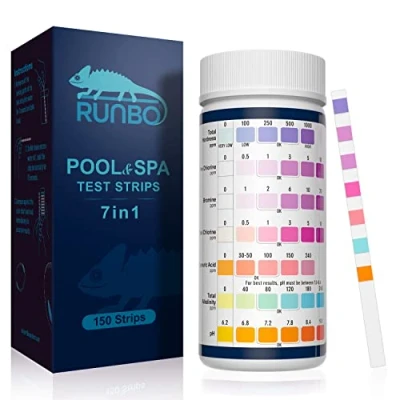 Abbildung von RUNBO 7 IN 1 Poolwasser Teststreifen für pH,150 Stück,Wassertester Tester Spa Schwimmbad,Genauer Test Brom, Gesamtalkalinität,Freies Chlor,Gesamthärte,Cyanursäure und Gesamtchlor，pH