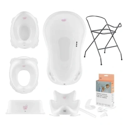 Abbildung von Hylat Baby Komplett Set: Stabile Babybadewanne mit Thermometer, Gestell, Badesitz und Abfluss, Kinder Toilettensitz, Babytopf, Kinderschemel ideale Lösung für die tolle Badeerlebnisse