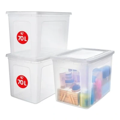 Abbildung von Iris Ohyama Vielseitige Aufbewahrungsboxen, 70L, 3er Set, Transparent, Deckel leicht schließbar, Stapelbar, Plastik, Für Schrank, Regale, Klassenzimmer, Organisation, Kunstbedarf, Schuhe, MCB 70