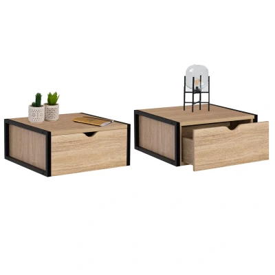 Abbildung von IDMarket Set mit 2 Nachttischen, Wandmontage, 1 Schublade, Regal zum Aufhängen, Holz und Metall, Schwarz, Industriedesign