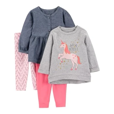Abbildung von Simple Joys by Carter&#039;s Baby Mädchen 4 teiliges Freizeitkleidungsset, Langarmhemden und Hosen, Grau Einhorn/Hellrosa/Jeans/Rosa, 12 Monate