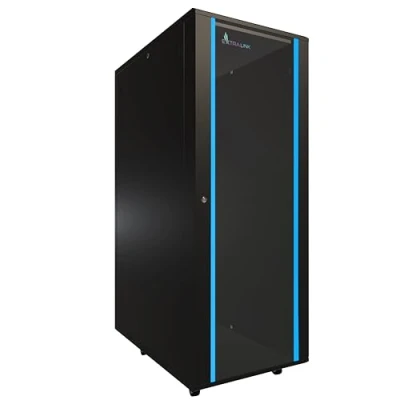 Abbildung von Netzwerkschrank 19 Zoll 32 HE 600x1000 freistehend abnehmbare Seitenwände selbstmontierender Rahmen Serverschrank für Switches UPS Server gehärtetes Glas Schwarz Rack