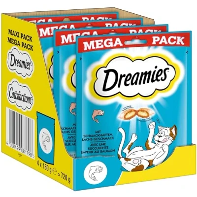 Abbildung von Dreamies Katzensnacks mit Lachsgeschmack, 4er Pack, 4x180g Außen knusprige &amp; innen cremige Katzenleckerlis