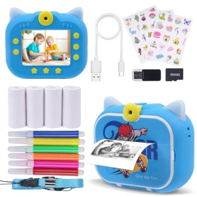 Abbildung von DYNASONIC Sofortbildkamera für Kinder (Skater der 2. Generation), Digitale Foto und Videokamera, 48 MP, 2,5 K UHD, SD 32 GB, 4 Digitaldruckpapier, Geschenk von 3 bis 14 Jahren