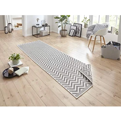 Abbildung von NORTHRUGS in und Outdoor Teppich Palma 80x350cm Wendeteppich Wetterfest Modernes Design Zick Zack Muster Läufer für Balkon Terrasse Garten Wintergarten Wohnzimmerteppich Wasserfest Grau Creme