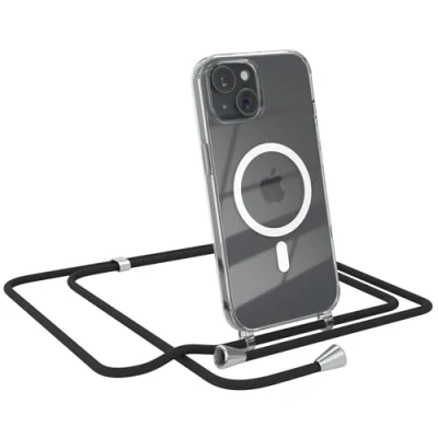 Abbildung von EAZY CASE Handykette kompatibel mit iPhone 15 Kette zum Umhängen Stoßfest Handyhülle für Silikon Hülle Band Handytasche Transparent als Fallschutz in Schwarz Clips Silber