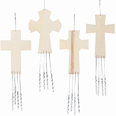 Abbildung von Baker Ross Kreuz Windspiel aus Holz 4er Pack, Musikalisches mit Metalglocken Bastelset für Kinder zum Anmalen und Dekorieren (FC536)