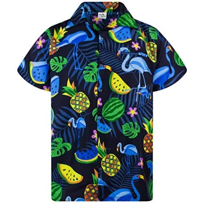 Abbildung von King Kameha Funky Hawaii Hemd, Herren, Kurzarm, Flamingo Melon, Dunkelblau Blaue Flamingos, XL