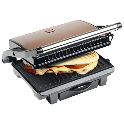 Abbildung von bestron Kontaktgrill ASW113CO auch als Sandwich /Panini einsetzbar, 1000 W, antihaftbeschichtet, mit Auffangschale, Kupfer