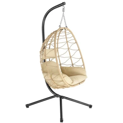 Abbildung von HinHocker Hängesessel mit Gestell, Ergonomisch, inkl. Kissen und Polster (Hängesessel bestehend aus Korb Sitzpolster, Kissen), Hängesessel, einfach zu verstauen, faltbar